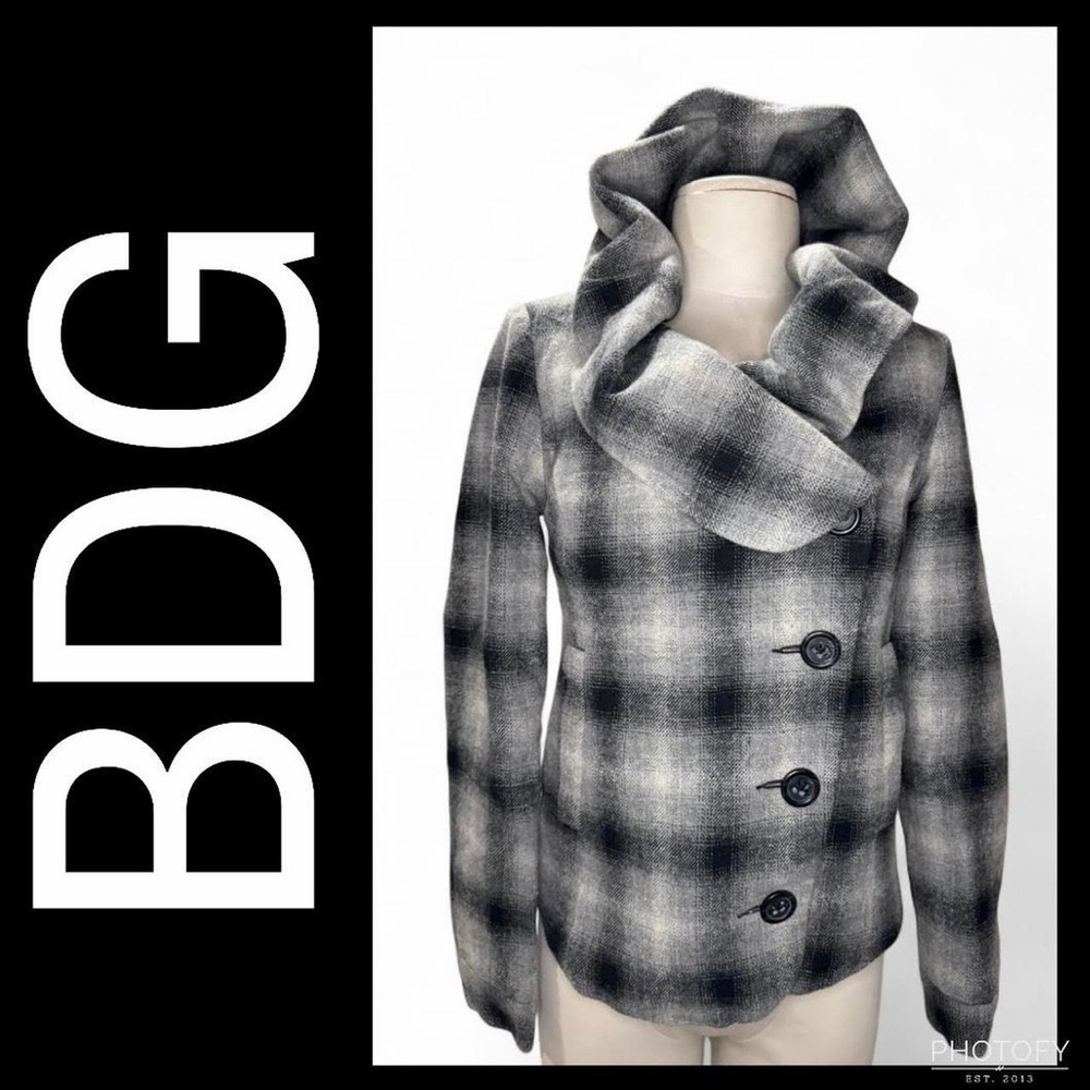 BDG Women's Black and White Plaid Pea Coat